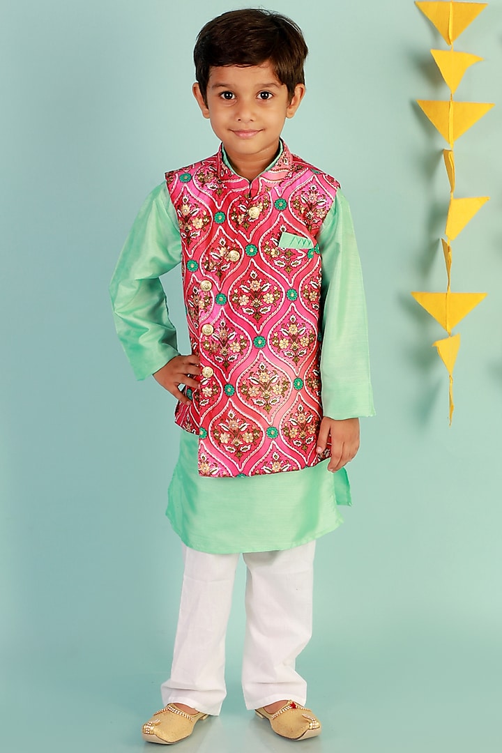 Pink Printed Bundi Jacket With Kurta Set For Boys by KID1