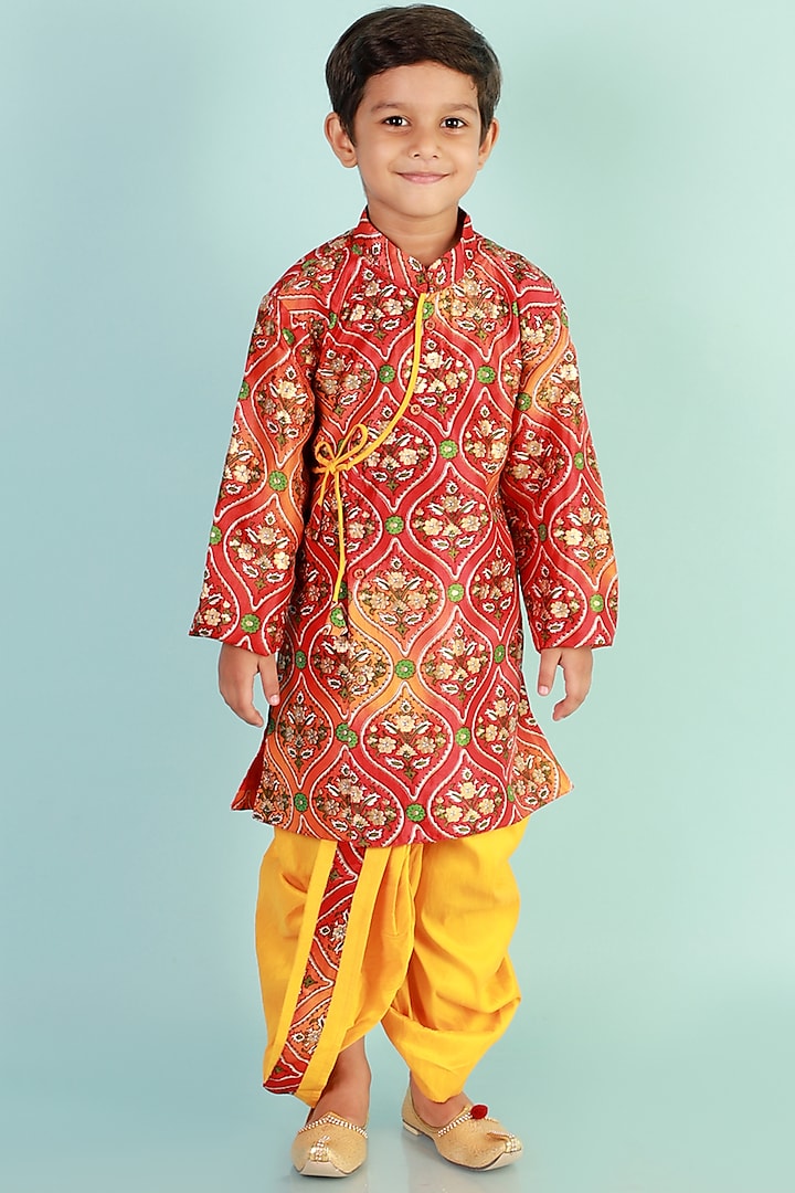 Red Embroidered Sherwani Set For Boys by KID1