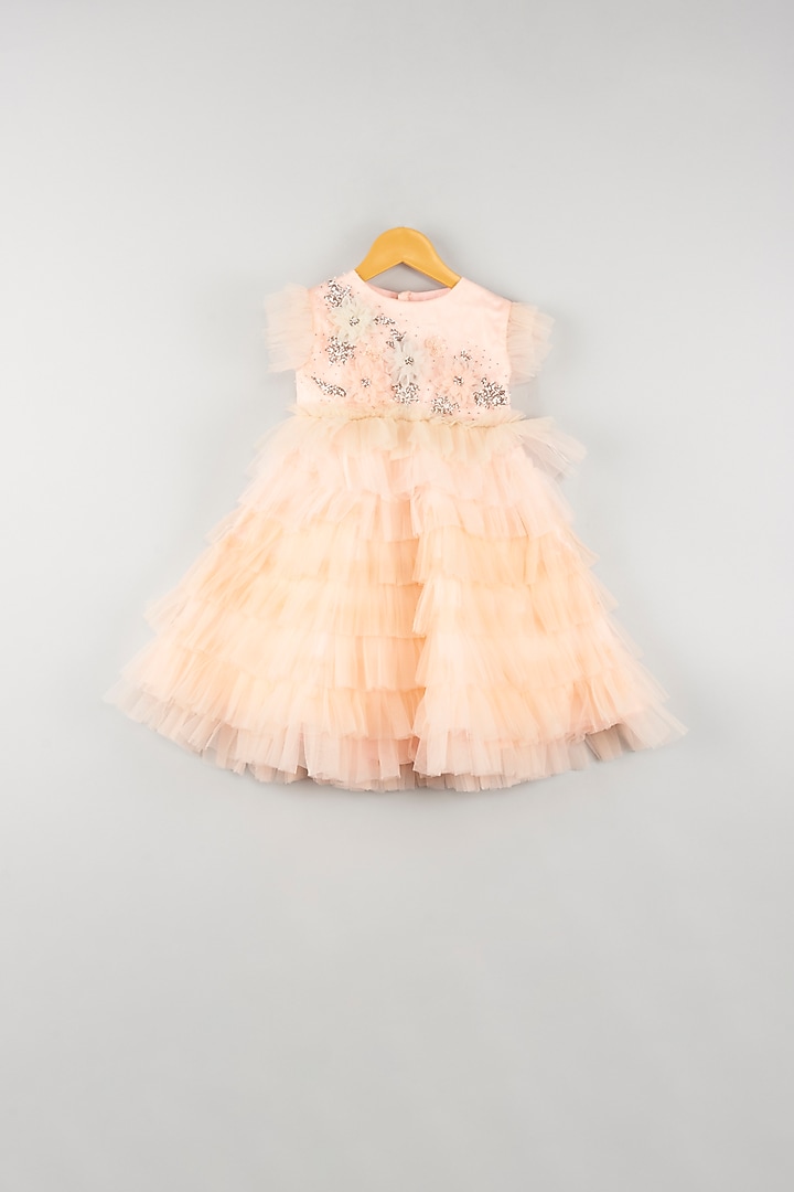 Peach Floral Embroidered Dress For Girls by Kidilicious