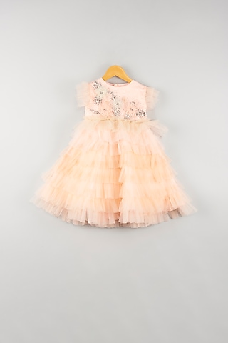 Peach Floral Embroidered Dress For Girls by Kidilicious