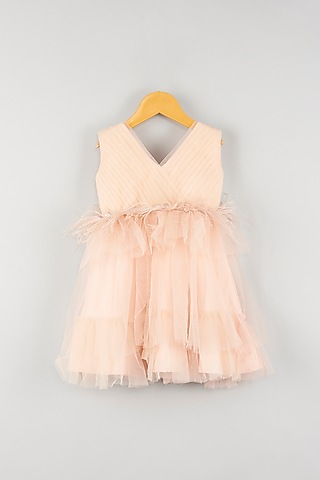 Peach Embroidered Pleated Dress For Girls by Kidilicious