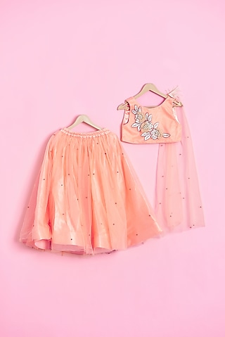 Orange Net Embroidered Lehenga Set For Girls by Kidilicious