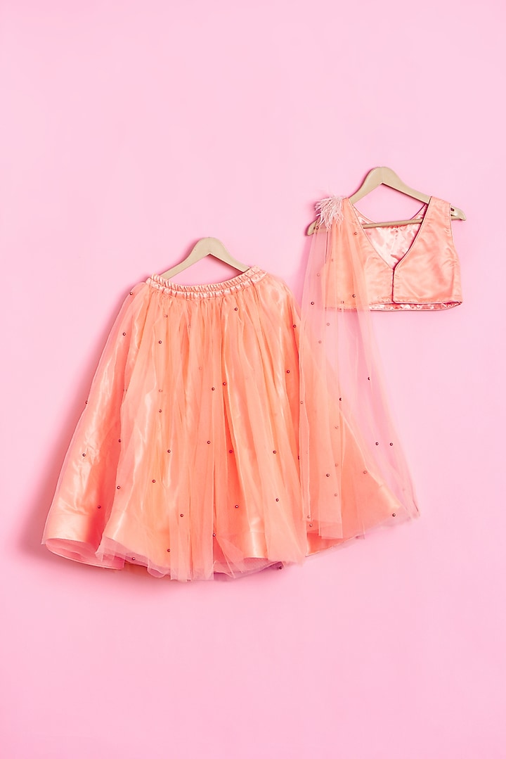 Orange Net Embroidered Lehenga Set For Girls by Kidilicious at Pernia's Pop Up Shop