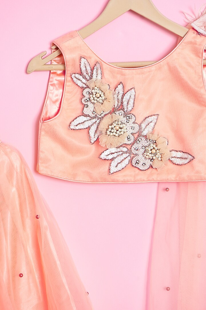 Orange Net Embroidered Lehenga Set For Girls by Kidilicious at Pernia's Pop Up Shop