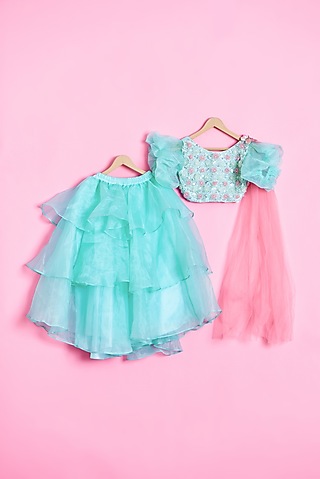 Sea Green Net Embroidered Lehenga Set For Girls by Kidilicious