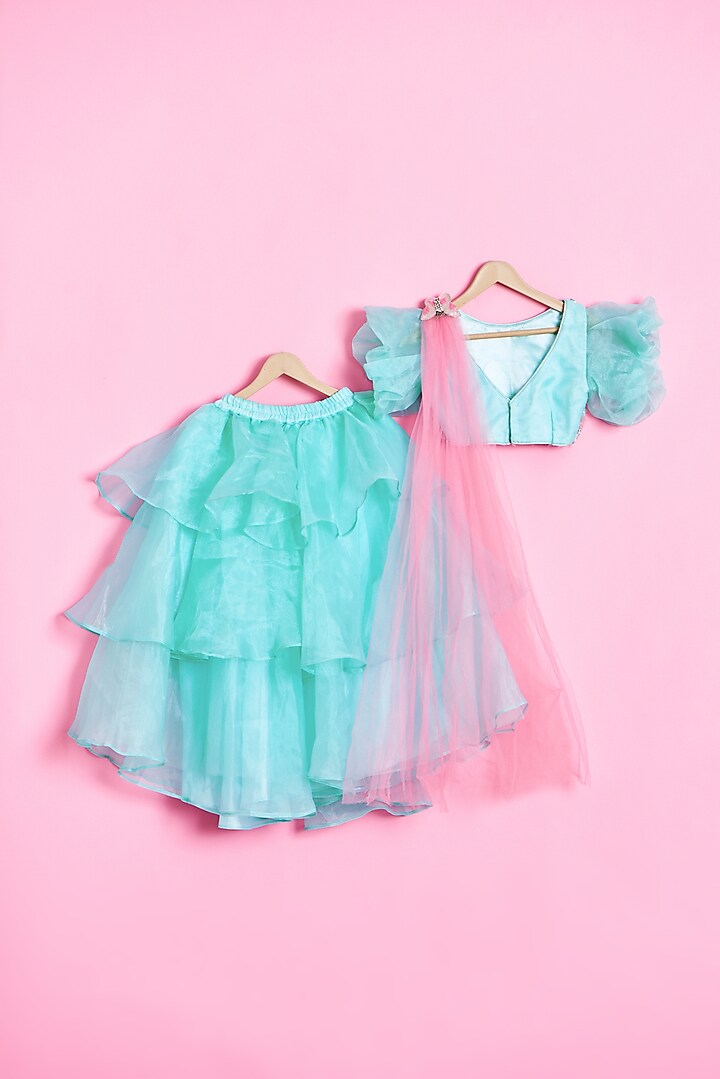 Sea Green Net Embroidered Lehenga Set For Girls by Kidilicious at Pernia's Pop Up Shop