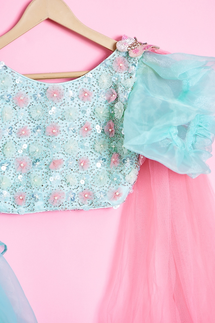 Sea Green Net Embroidered Lehenga Set For Girls by Kidilicious at Pernia's Pop Up Shop