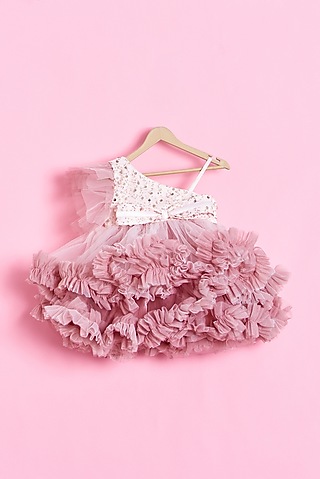 Wine & Pink Net One-Shoulder Ruffled Dress For Girls by Kidilicious