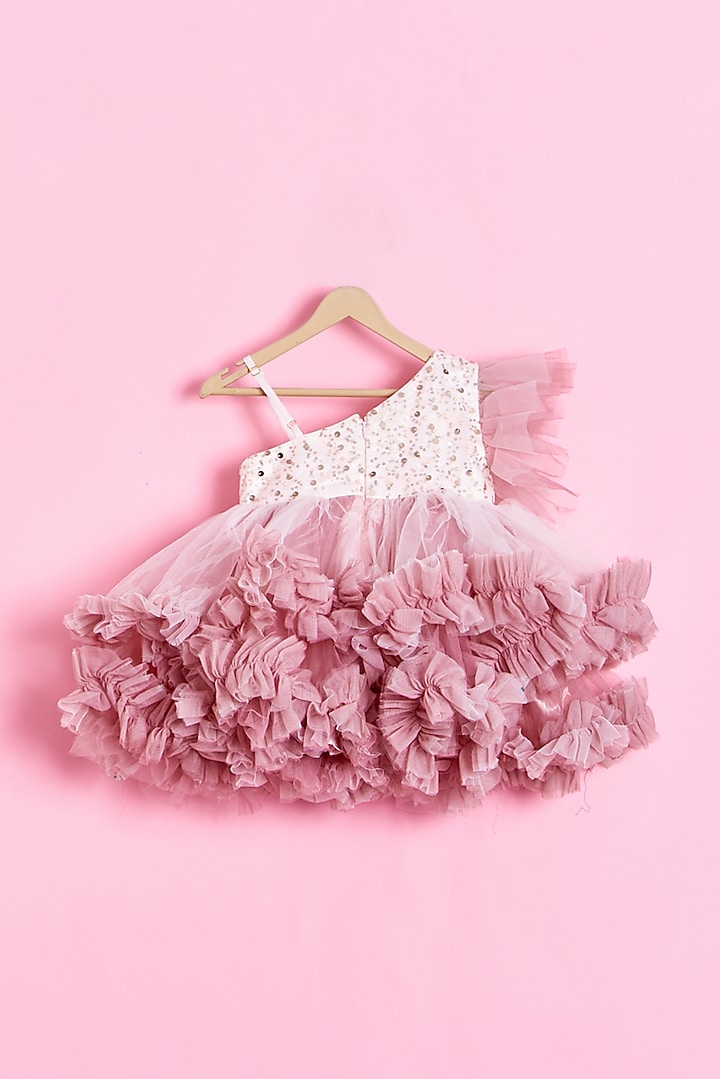 Wine & Pink Net One-Shoulder Ruffled Dress For Girls by Kidilicious at Pernia's Pop Up Shop