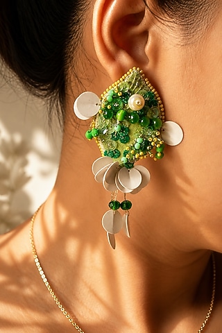 Green Sequins & Bead Embroidered Parrot Fish Dangler Earrings by KIHOY
