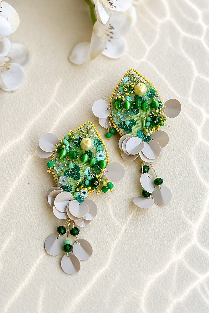 Green Sequins & Bead Embroidered Parrot Fish Dangler Earrings by KIHOY at Pernia's Pop Up Shop