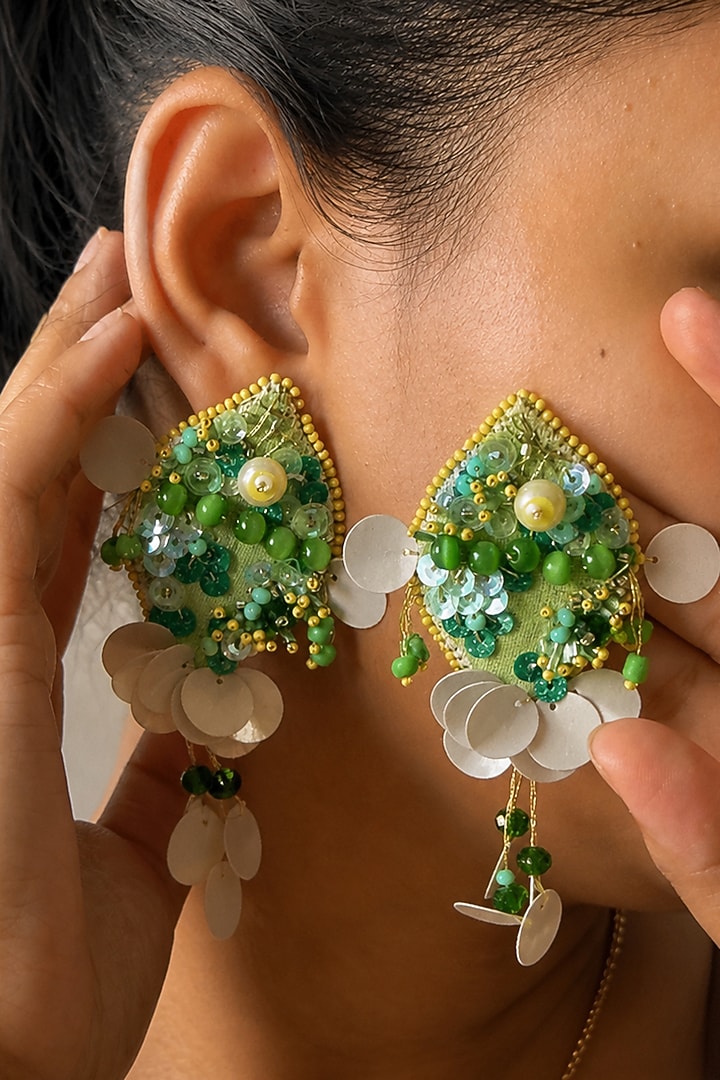Green Sequins & Bead Embroidered Parrot Fish Dangler Earrings by KIHOY at Pernia's Pop Up Shop