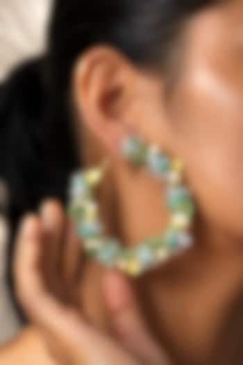Green Floral & Pearl Embellished Hoop Earrings by KIHOY at Pernia's Pop Up Shop