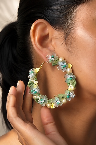 Green Floral & Pearl Embellished Hoop Earrings by KIHOY