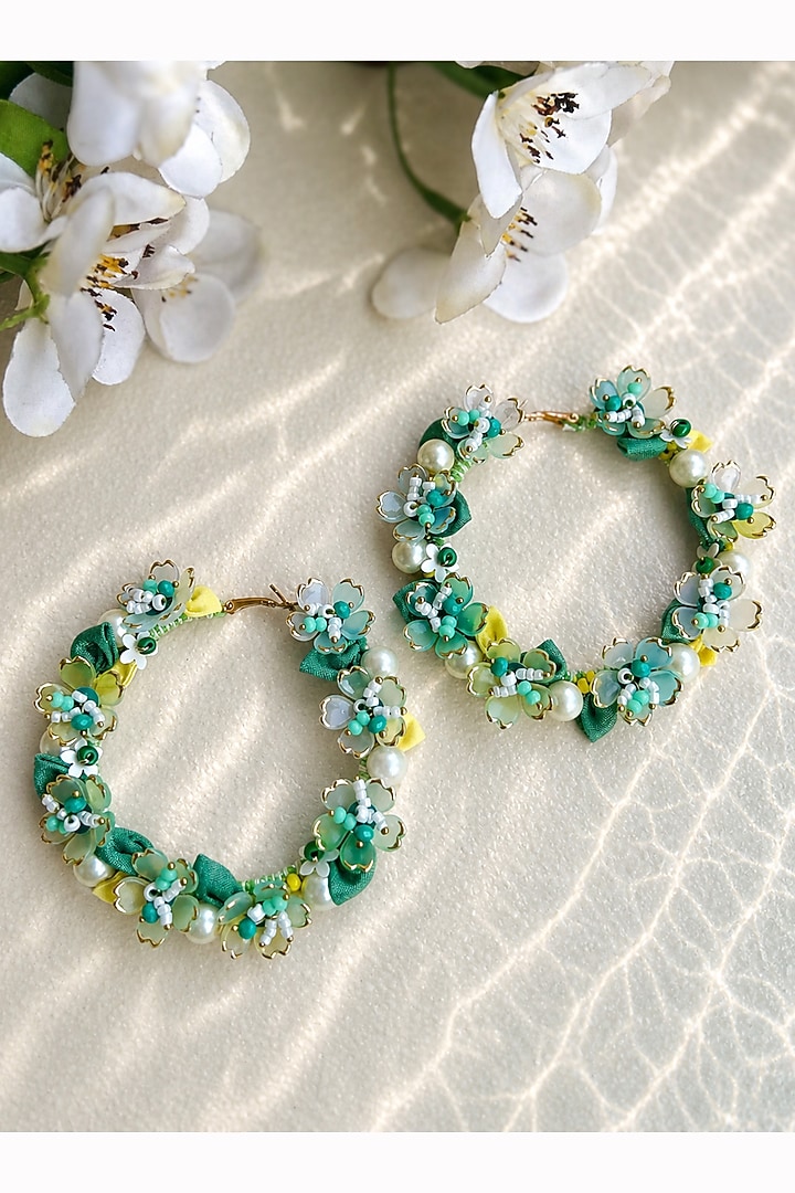 Green Floral & Pearl Embellished Hoop Earrings by KIHOY at Pernia's Pop Up Shop