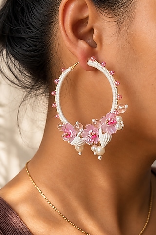 Ivory Bead Embroidered Mermaid Hoop Earrings by KIHOY
