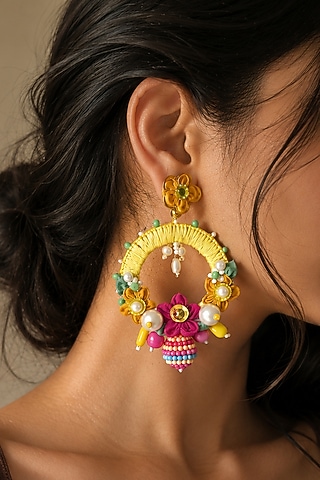 Yellow Floral Embroidered Bouquet Dangler Earrings by KIHOY