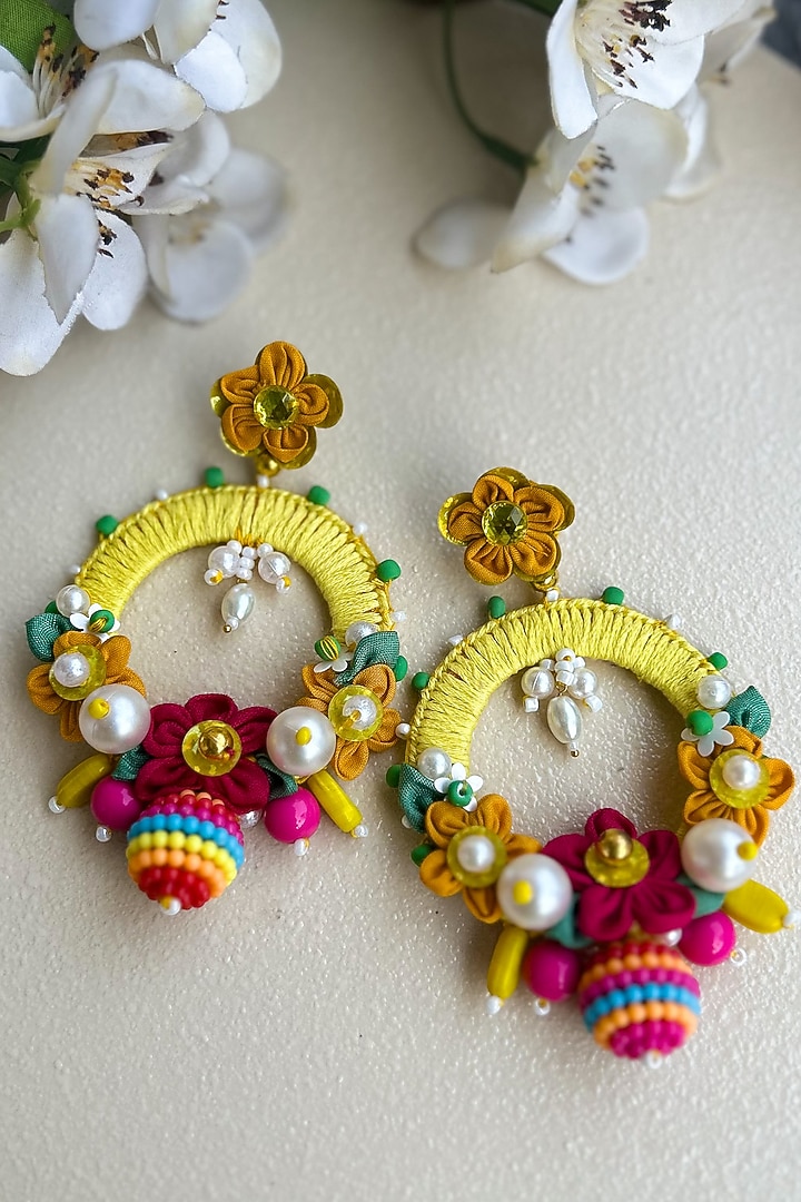 Yellow Floral Embroidered Bouquet Dangler Earrings by KIHOY at Pernia's Pop Up Shop