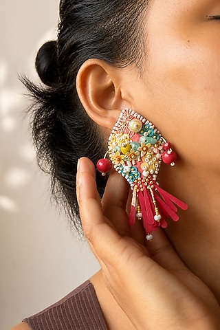 Red Bead Embroidered Fish Dangler Earrings by KIHOY