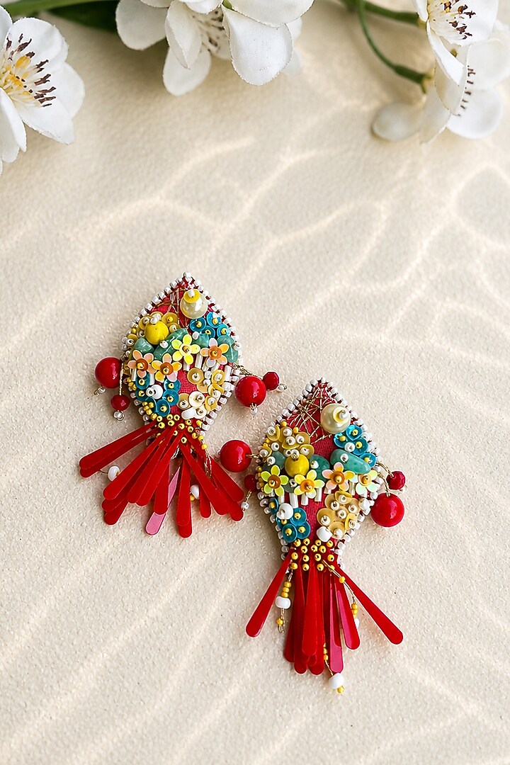 Red Bead Embroidered Fish Dangler Earrings by KIHOY at Pernia's Pop Up Shop