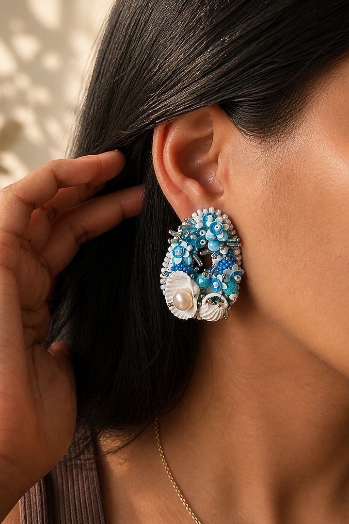 Blue Bead Embroidered Stud Earrings by KIHOY at Pernia's Pop Up Shop