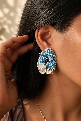 Blue Bead Embroidered Stud Earrings by KIHOY