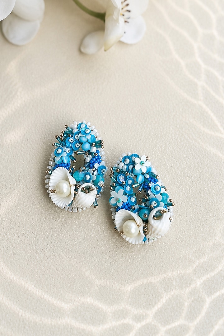 Blue Bead Embroidered Stud Earrings by KIHOY at Pernia's Pop Up Shop