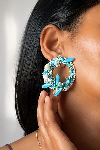 Blue Shell & Bead Embroidered Circular Stud Earrings by KIHOY