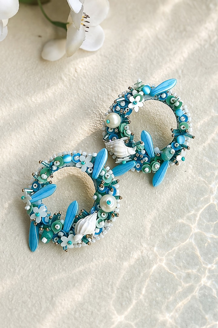 Blue Shell & Bead Embroidered Circular Stud Earrings by KIHOY at Pernia's Pop Up Shop