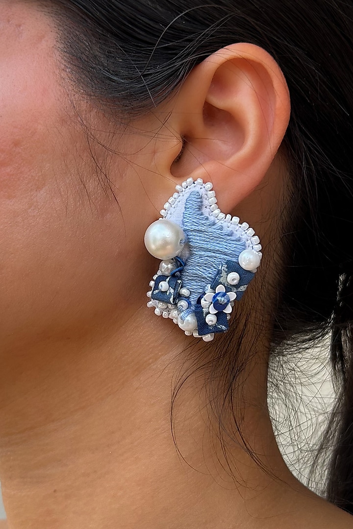 White & Blue Thread Embroidered Handcrafted Stud Earrings by KIHOY at Pernia's Pop Up Shop