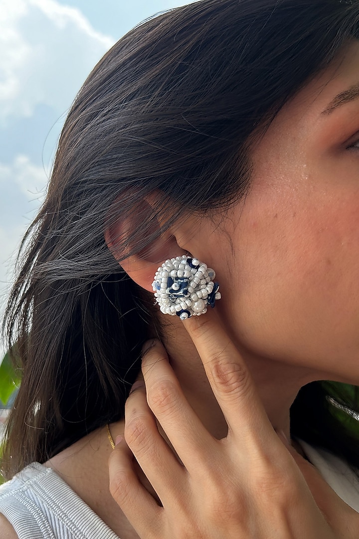 White & Indigo Bead Embellished Handcrafted Stud Earrings by KIHOY at Pernia's Pop Up Shop