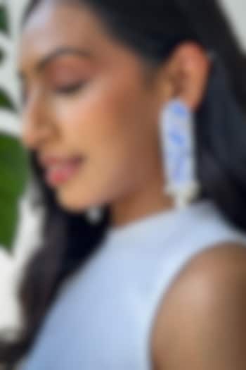 White & Blue Hand-Painted Pearl Embellished Handcarfted Dangler Earrings by KIHOY at Pernia's Pop Up Shop