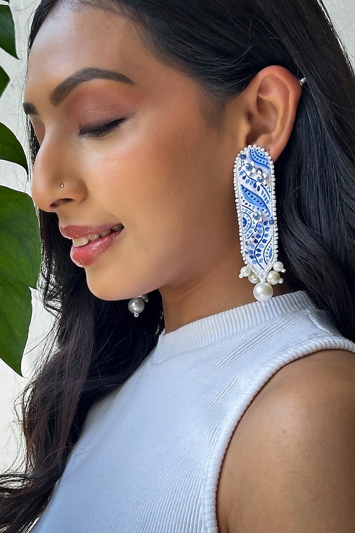 White & Blue Hand-Painted Pearl Embellished Handcarfted Dangler Earrings by KIHOY at Pernia's Pop Up Shop