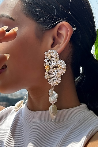 Black & White Baroque Pearl Embroidered Dangler Earrings by KIHOY