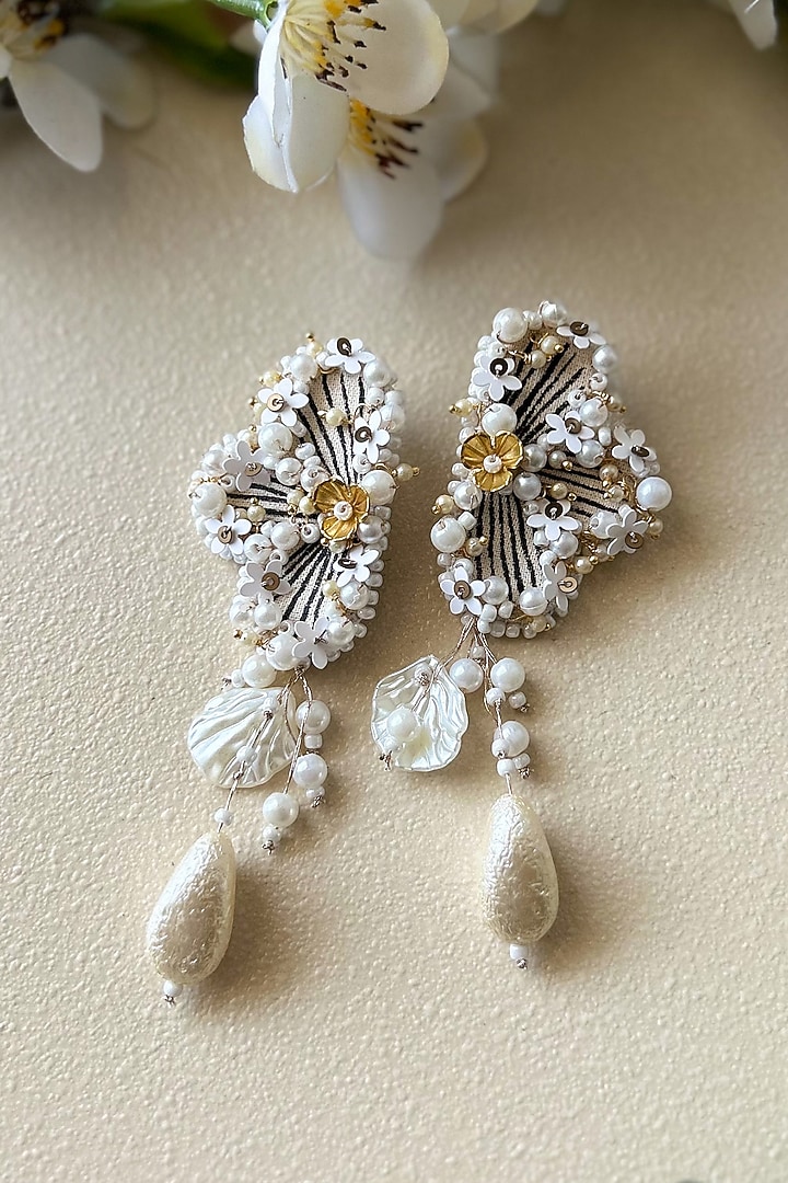 Black & White Baroque Pearl Embroidered Dangler Earrings by KIHOY at Pernia's Pop Up Shop