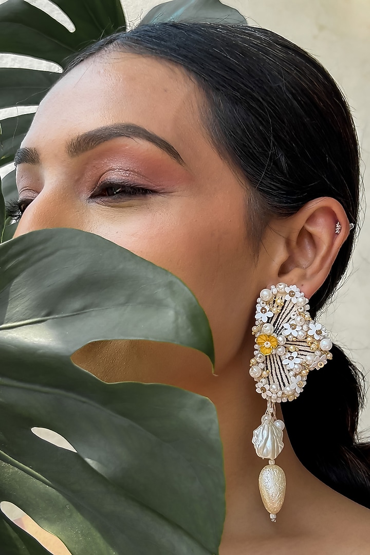 Black & White Baroque Pearl Embroidered Dangler Earrings by KIHOY at Pernia's Pop Up Shop