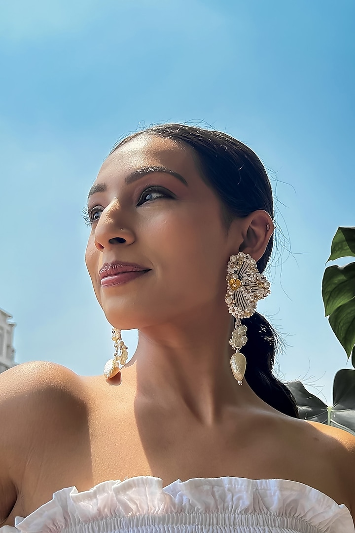 Black & White Baroque Pearl Embroidered Dangler Earrings by KIHOY at Pernia's Pop Up Shop