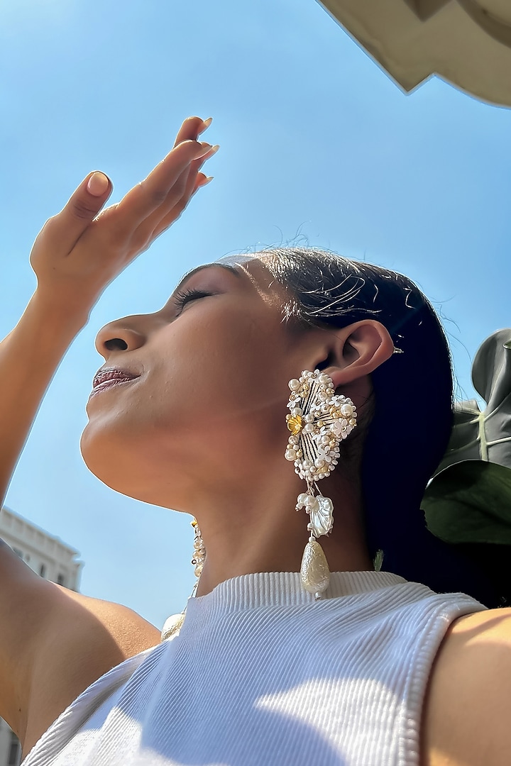 Black & White Baroque Pearl Embroidered Dangler Earrings by KIHOY at Pernia's Pop Up Shop
