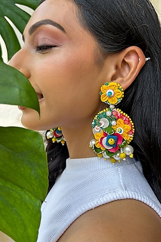 Multi-Colored Floral & Bead Embellished Dangler Earrings by KIHOY