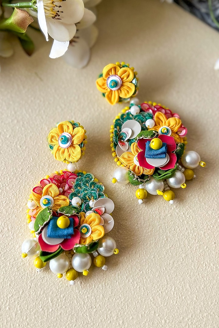 Multi-Colored Floral & Bead Embellished Dangler Earrings by KIHOY at Pernia's Pop Up Shop