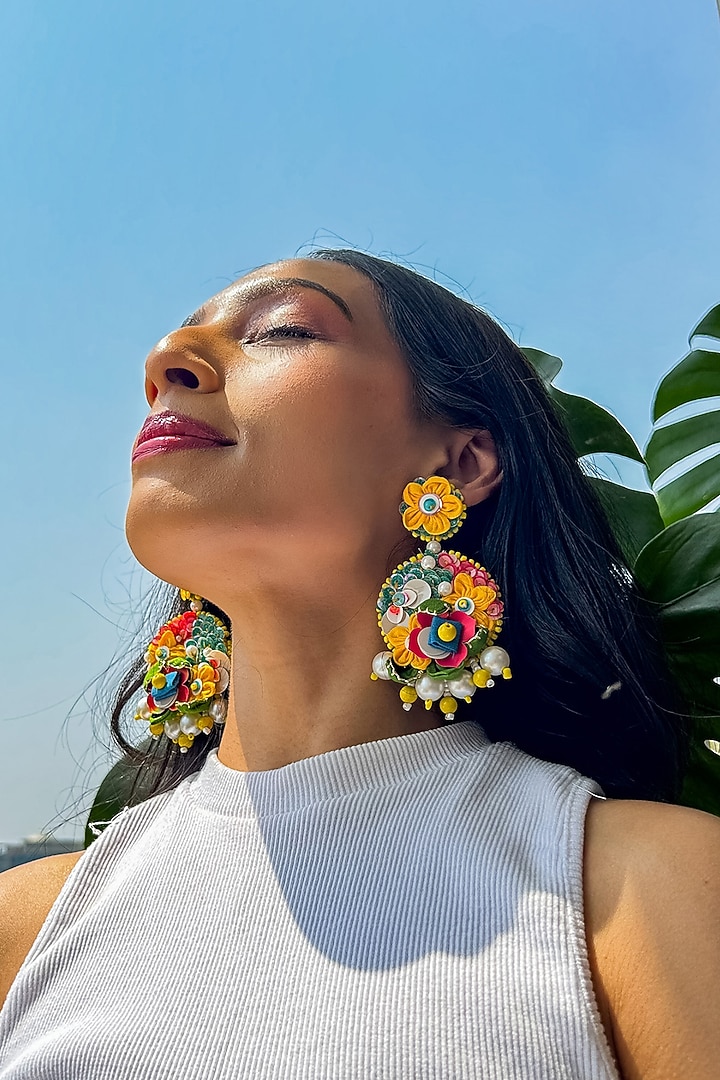 Multi-Colored Floral & Bead Embellished Dangler Earrings by KIHOY at Pernia's Pop Up Shop