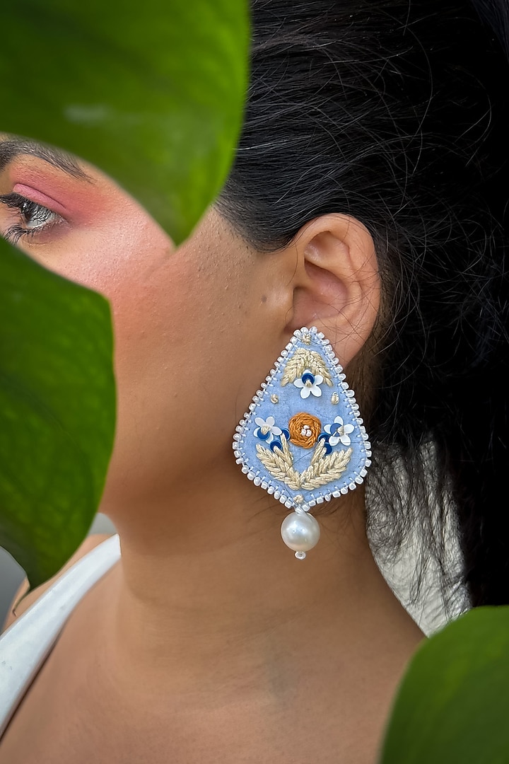 Blue Pearl & Bead Hand Embroidered Handcrafted Dangler Earrings by KIHOY at Pernia's Pop Up Shop