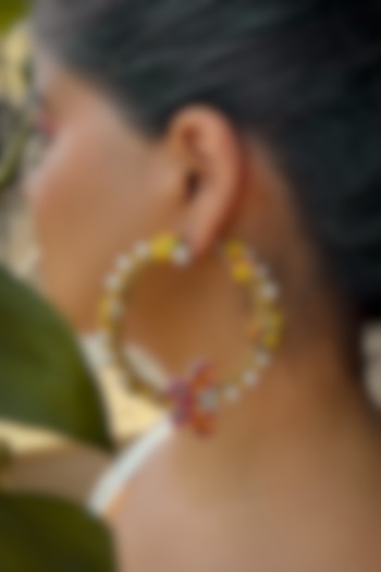 Yellow Hand-Painted & Pearl Embellished Handcrafted Hoop Earrings by KIHOY at Pernia's Pop Up Shop
