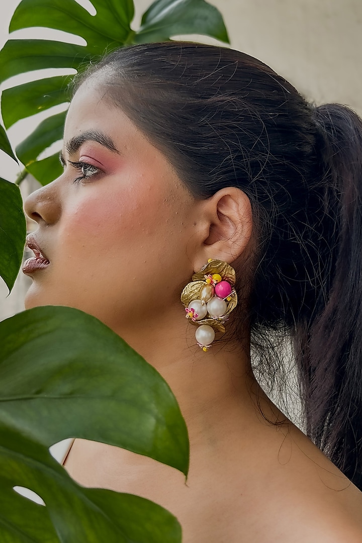 Rose Gold Floral & Pearl Embellished Handcrafted Dangler Earrings by KIHOY at Pernia's Pop Up Shop