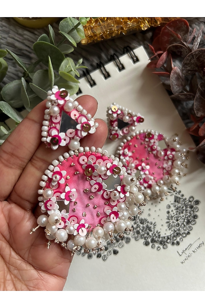 Pink Sequin & Mirror Embroidered Handcrafted Dangler Earrings by KIHOY at Pernia's Pop Up Shop