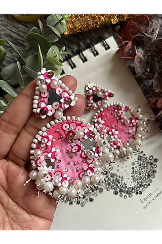 Pink Sequin & Mirror Embroidered Handcrafted Dangler Earrings by KIHOY