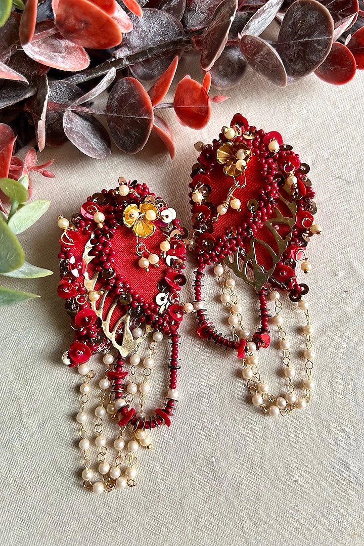 Red & Gold Pearl Embroidered Handcrafted Dangler Earrings by KIHOY at Pernia's Pop Up Shop