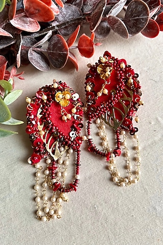 Red & Gold Pearl Embroidered Handcrafted Dangler Earrings by KIHOY