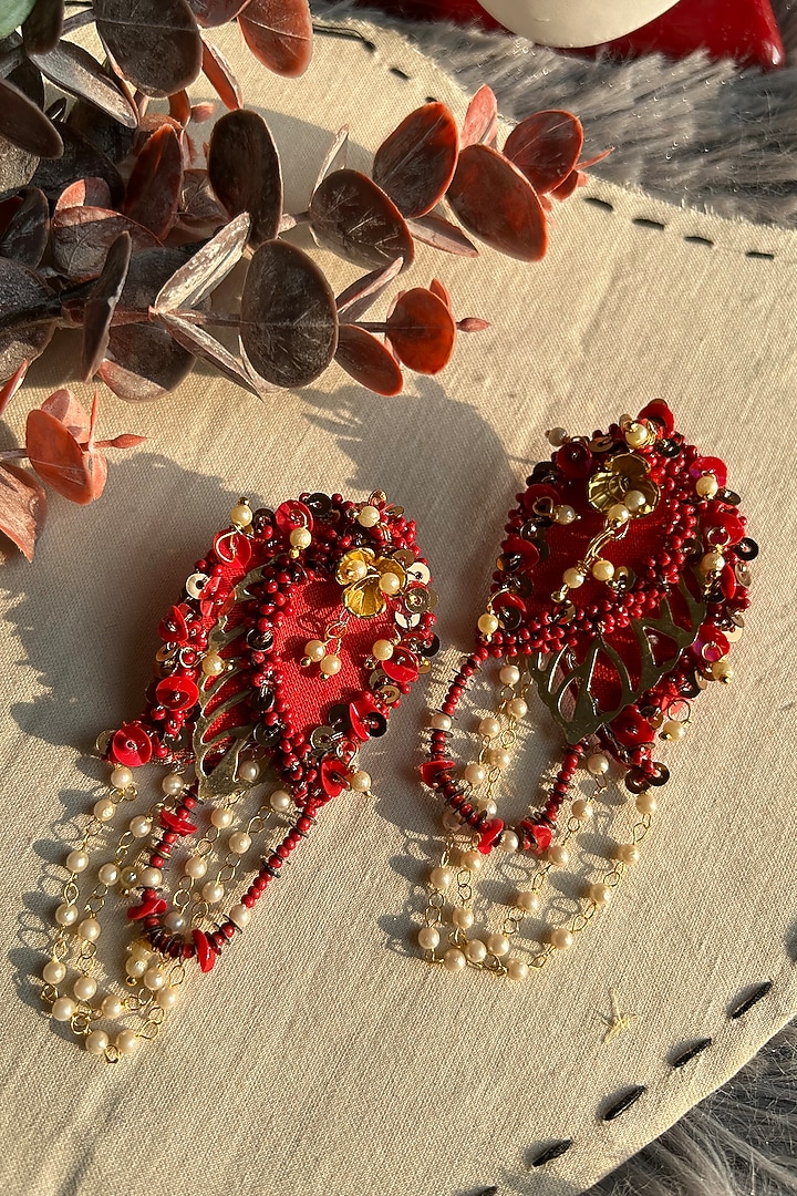 Red & Gold Pearl Embroidered Handcrafted Dangler Earrings by KIHOY at Pernia's Pop Up Shop