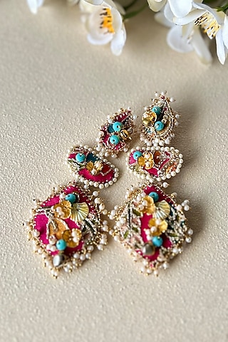 Pink Pearl & Zardosi Embellished Handcrafted Dangler Earrings by KIHOY